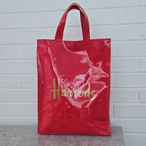 Harrods Red Patent Tote Bag Gold Logo Accent Magnetic Closure Pockets